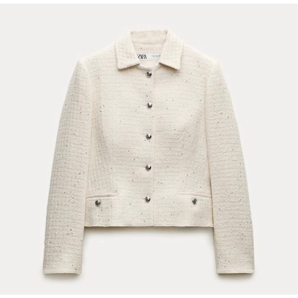 Zara Women's Cream Textured Cotton Fitted Jacket w/Silver Sequin Appliqués